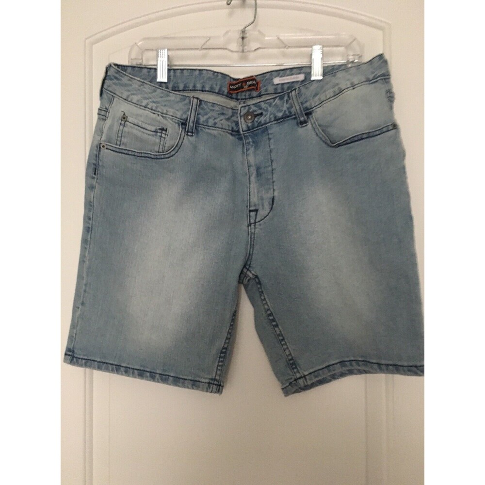 Mott & Grand Men's Light Denim Jean Shorts Blue Zip Button Slim Fit Size 36